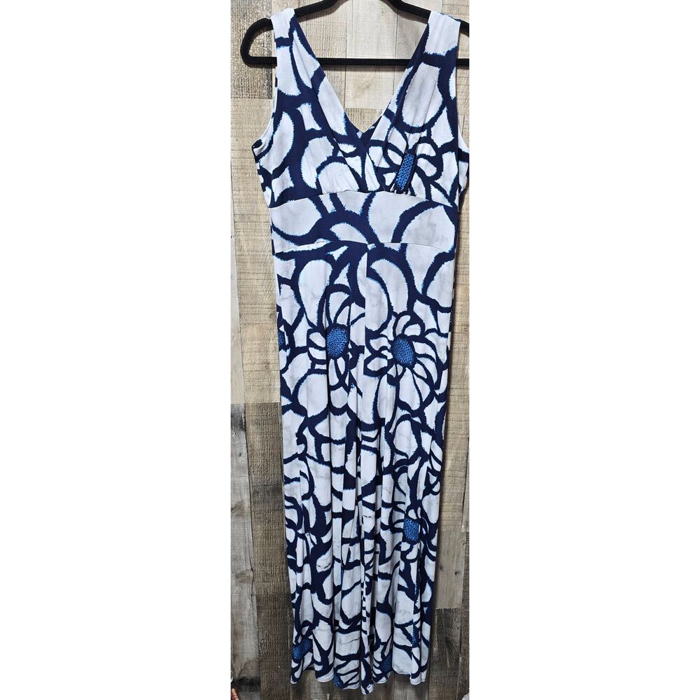 Clara Sun Woo Blue White Abstract Floral Palazzo Jumpsuit Jumper Medium Coastal - Picture 2 of 6